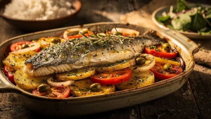 Peixe assado com legumes